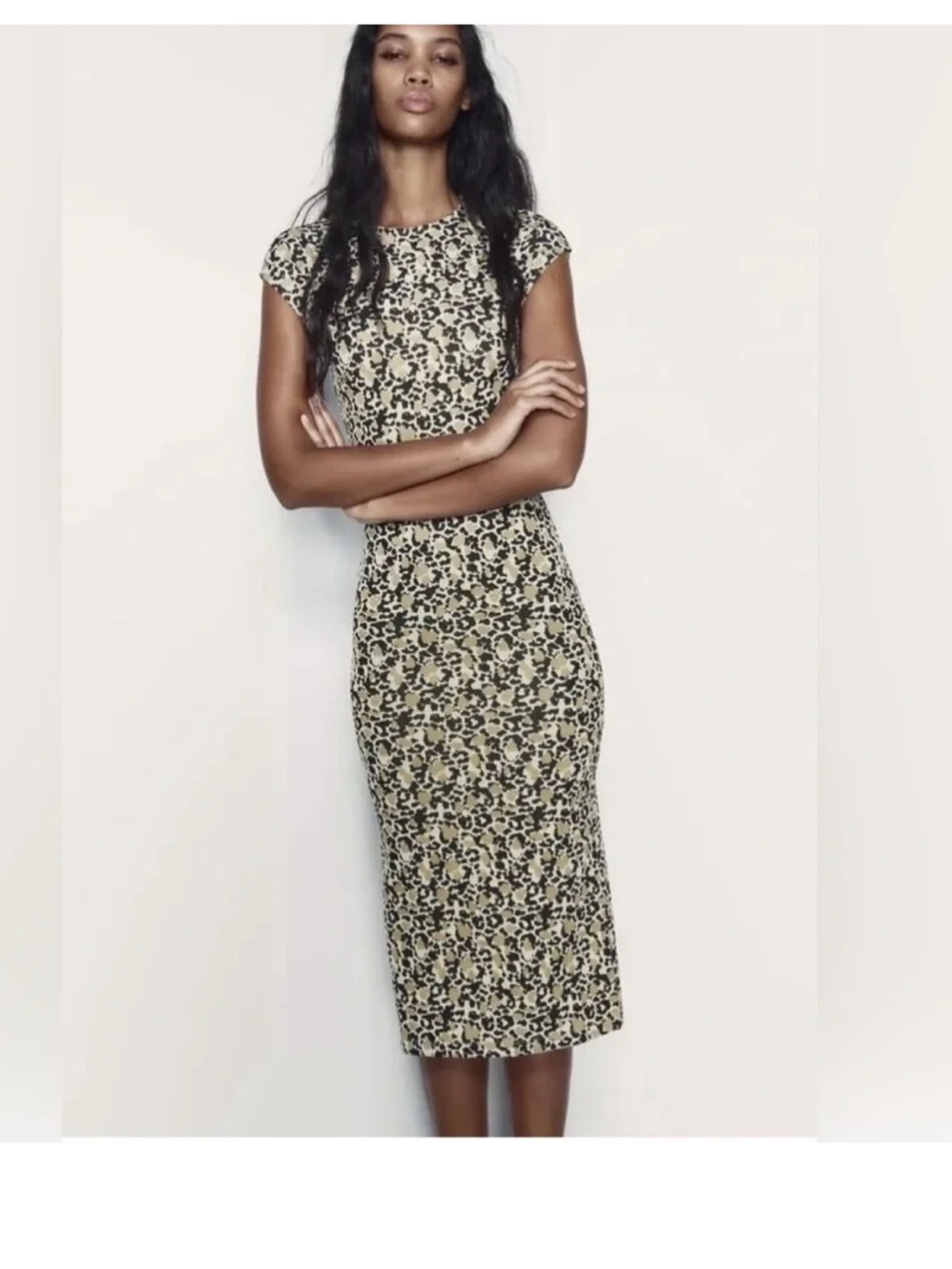 Zara Fitted Jacquard  Print Midi Dress in Beige and Black Size Medium NWT
